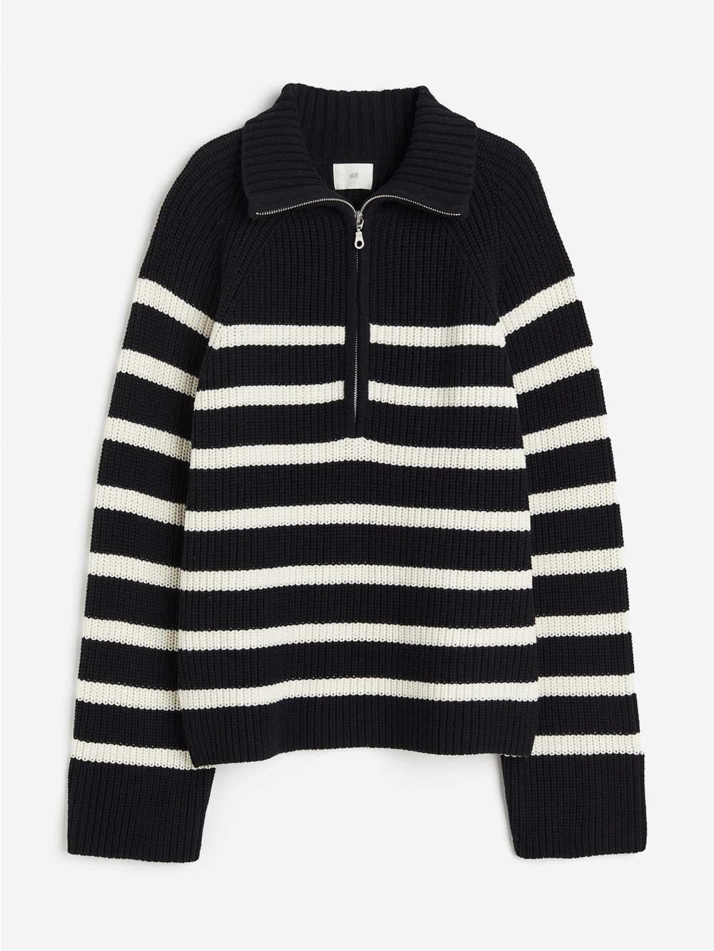 H&M Women's Black and Cream Striped Rib-knit quarter-zip Sweater oversized small